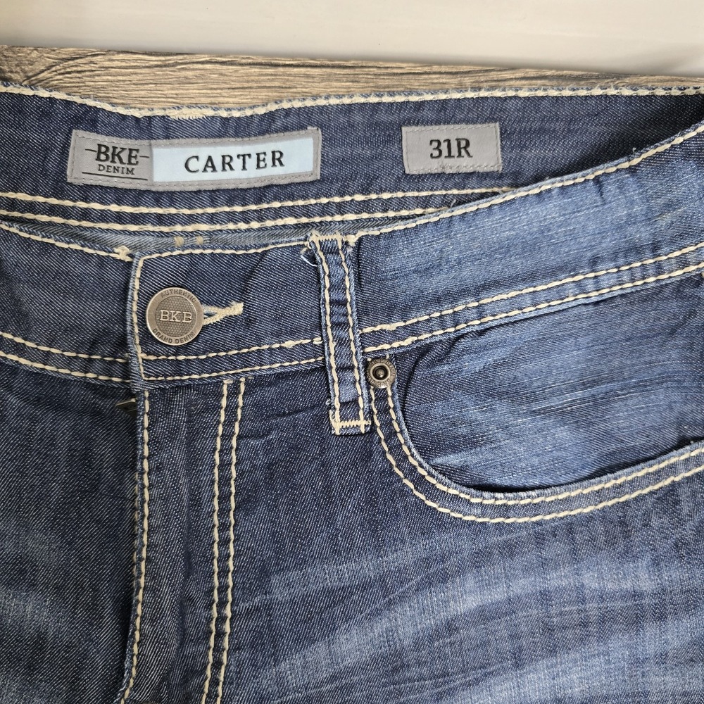 BKE Buckle Carter Straight Jeans Size 31 R   Mens Blue Denim Cotton Thick Stitch